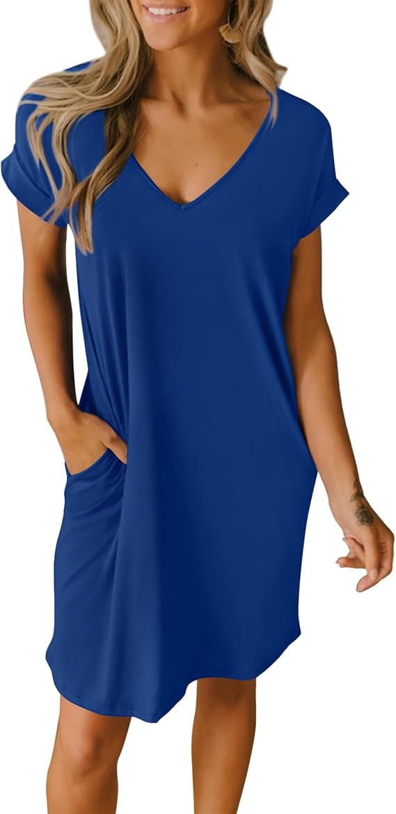 BTFBM Women Summer T Shirt Dresses 2025 Spring Short Sleeve V Neck Loose Casual Short Vacation Dress Pajamas Pockets
