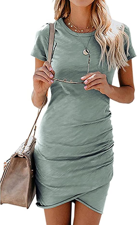 BTFBM Women's 2025 Summer Casual Beach Dresses Crew Neck Short Sleeve Wrap Party Club Mini Ruched Bodycon T Shirt Dress
